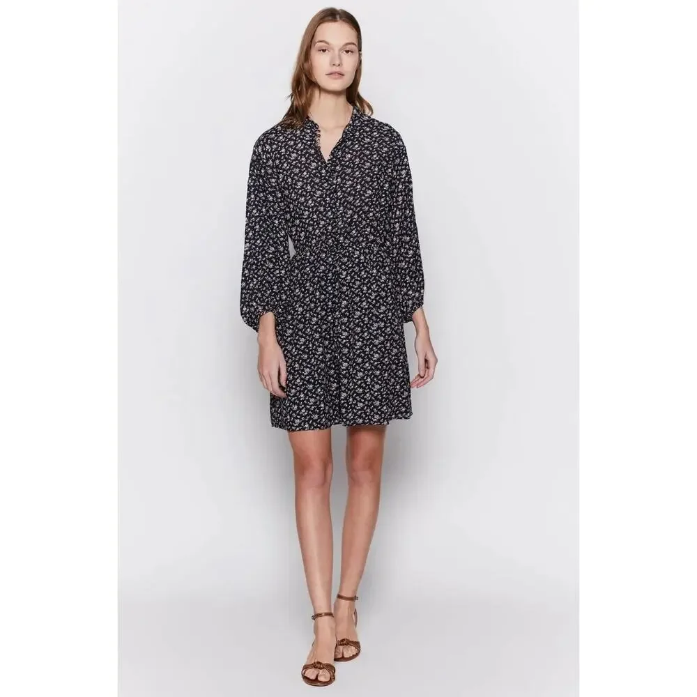 New Joie Galani Navy Floral Balloon Sleeve Cinched Waist Button Dress, Large NWT